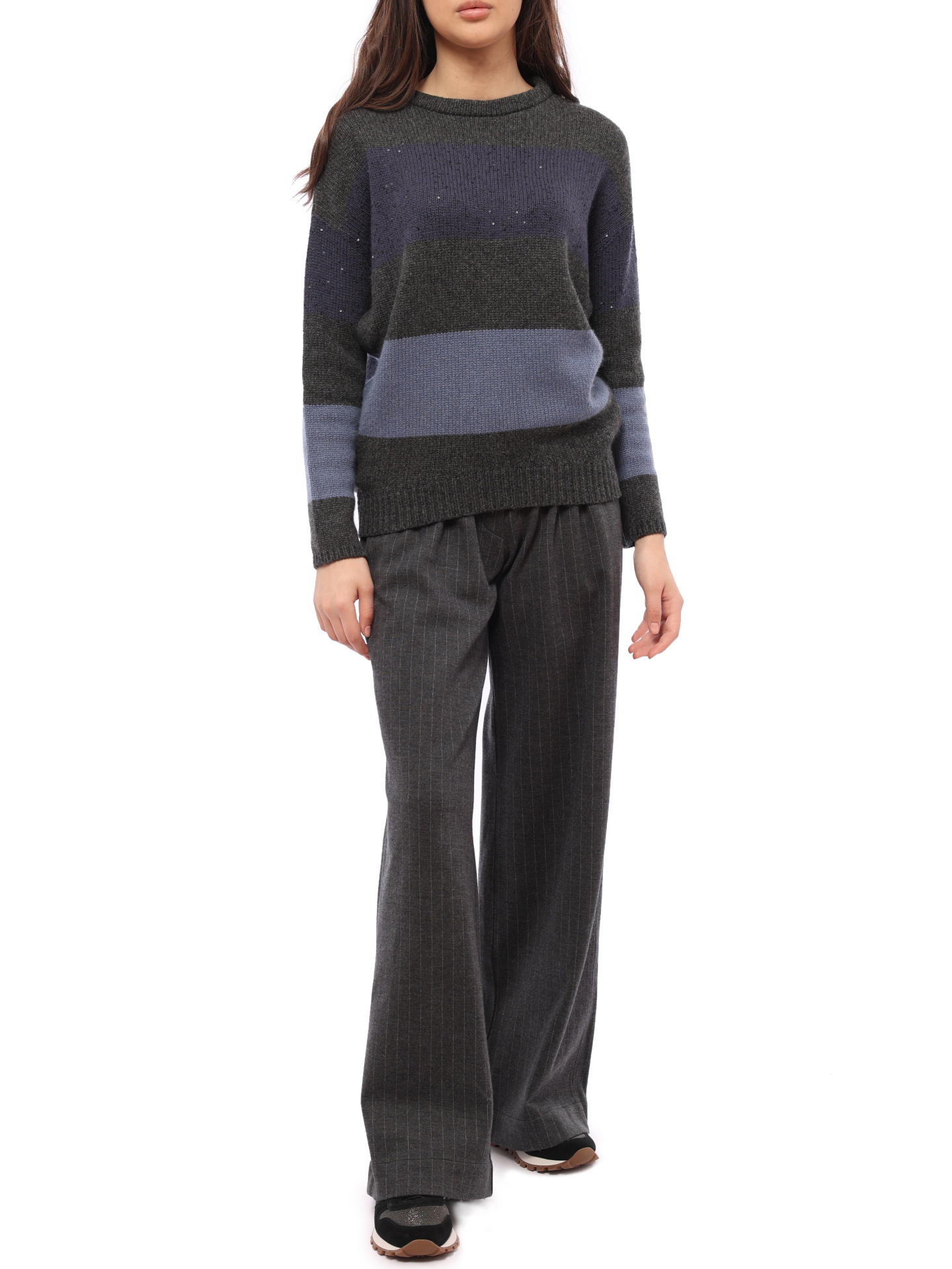 Брюки Brunello Cucinelli MA179SR589 C002 серые женские в полоску — купить в интернет-магазине Verdistore