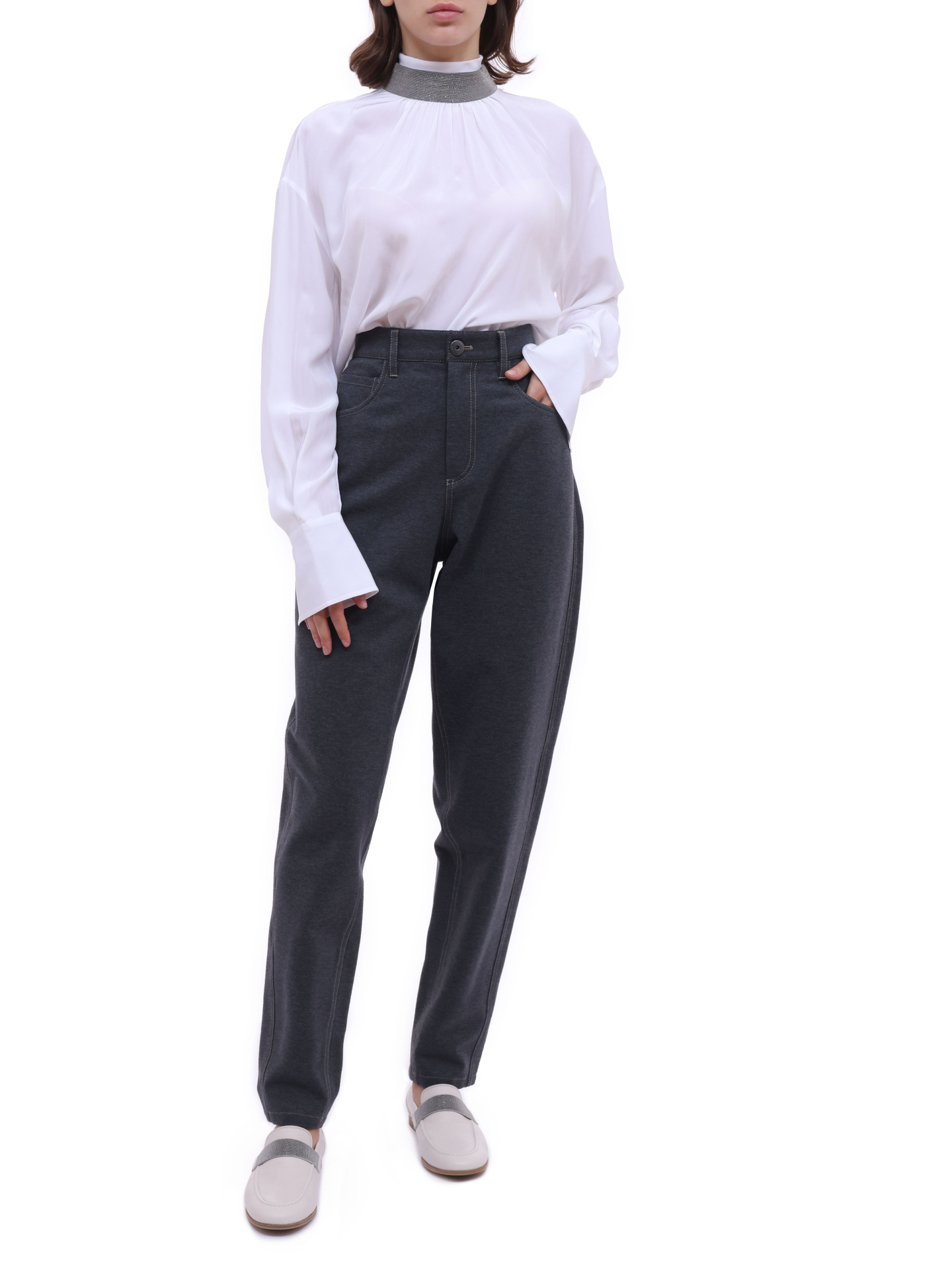 Брюки Brunello Cucinelli M0R24P7753 C616 серые женские из хлопка — купить в интернет-магазине Verdistore