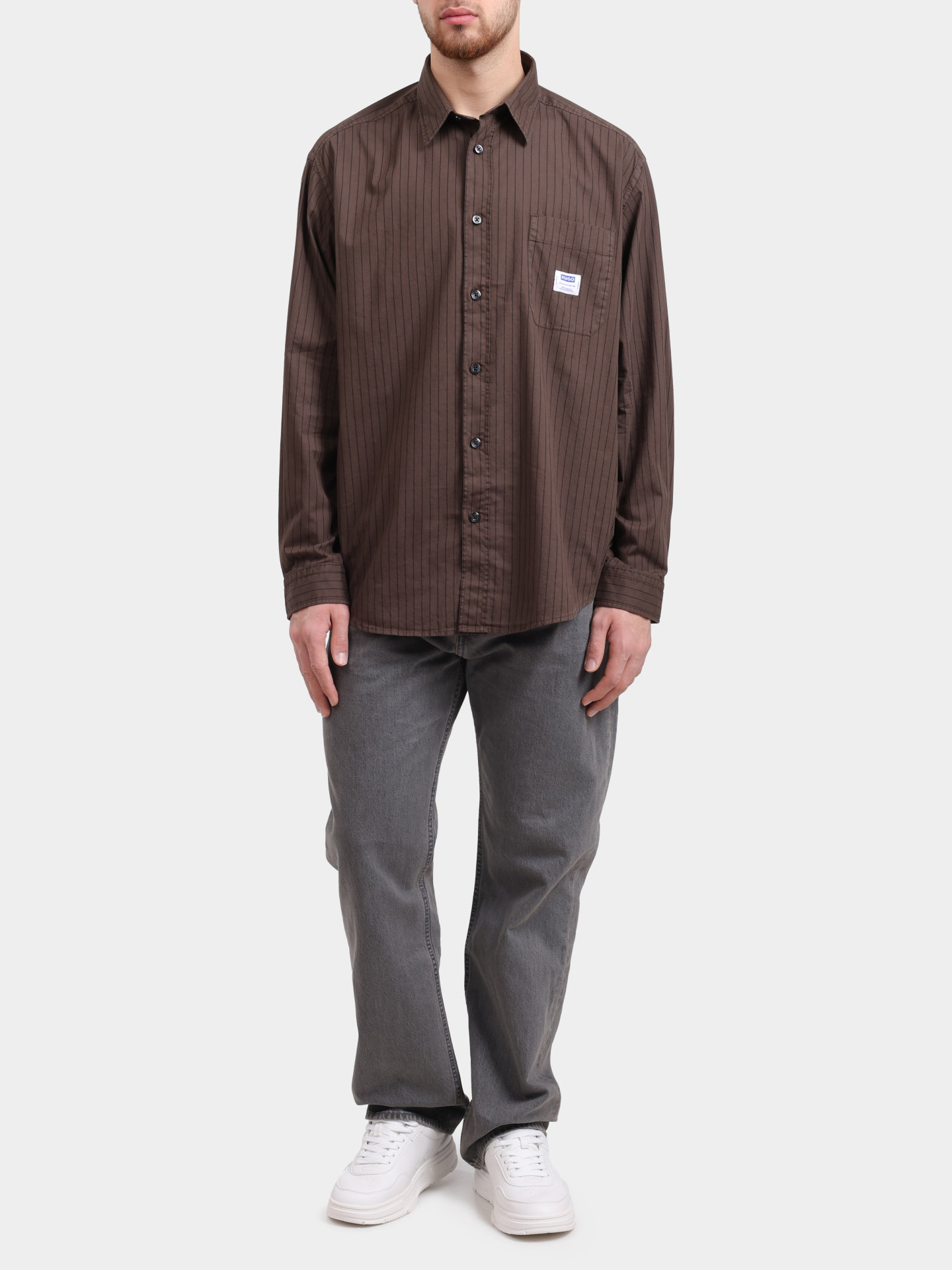 Рубашка HUGO BLUE Ebalto 10276057 01 50555404 208 коричневая мужская с принтом в полоску — купить в интернет-магазине Verdistore
