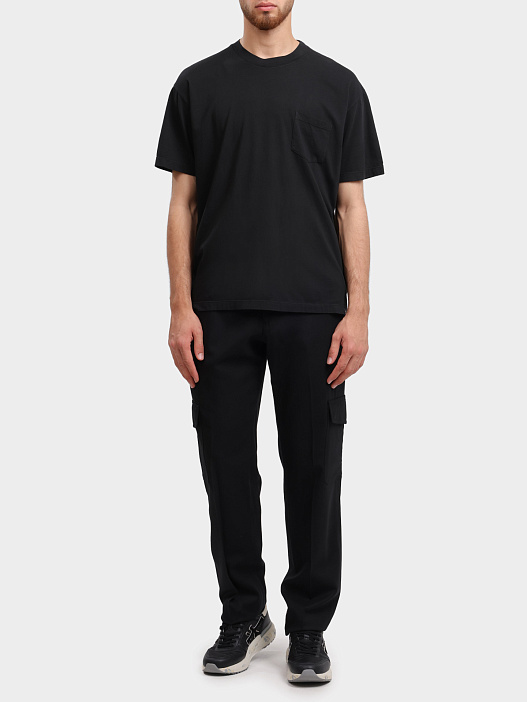 Брюки-карго черные шерстяные с нашитыми по бокам карманами и поясом на пуговице — купить в интернет-магазине Verdistore