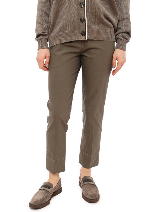 Брюки Brunello Cucinelli M0H40P6514 хаки женские с контрастной строчкой — купить в интернет-магазине Verdistore