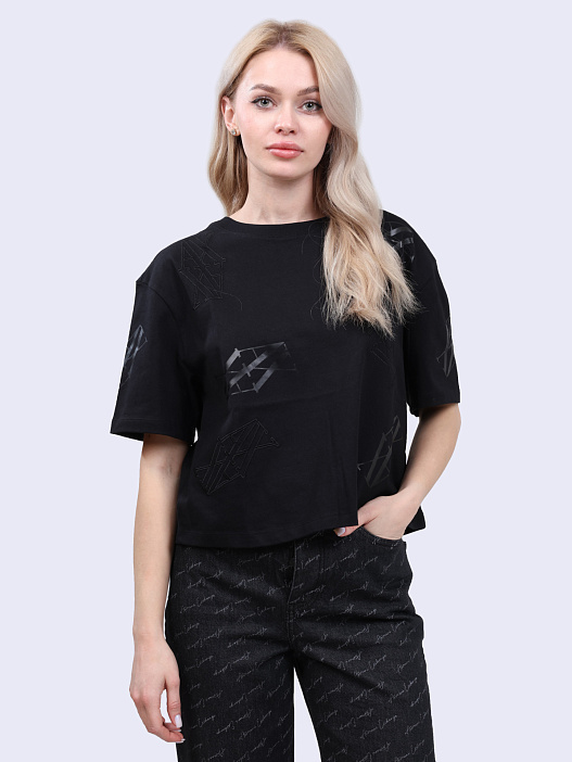 картинка Футболка Armani Exchange 6DYT02 YJNNZ 1200 черная женская укороченная магазин Verdistore являющийся официальным дистрибьютором в России 