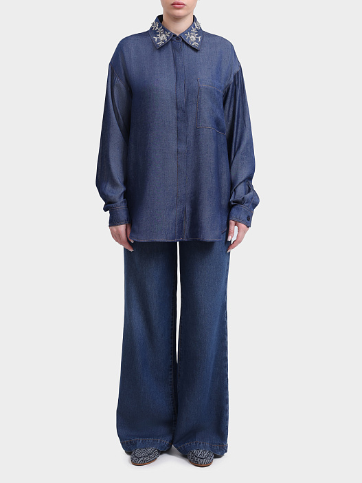 Блуза Liu-Jo BLUE DENIM UA6274 D4894 77000 женская прямого кроя со стразами на воротнике — купить в интернет-магазине Verdistore